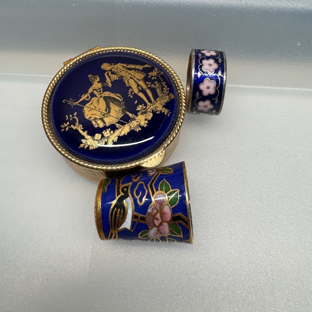 Cloisonné blue floral bird thimble vintage limoges pill trinket & ring